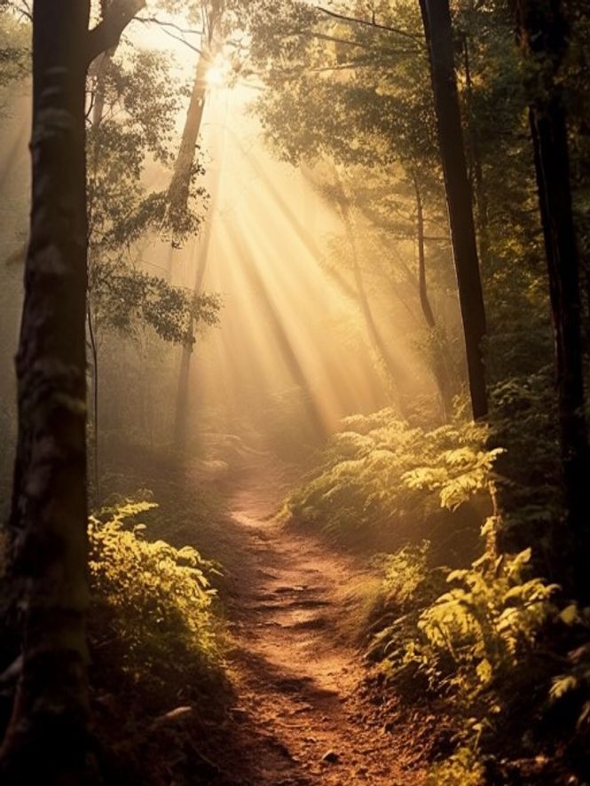 Scenic morning walking trail through native forest with soft golden light